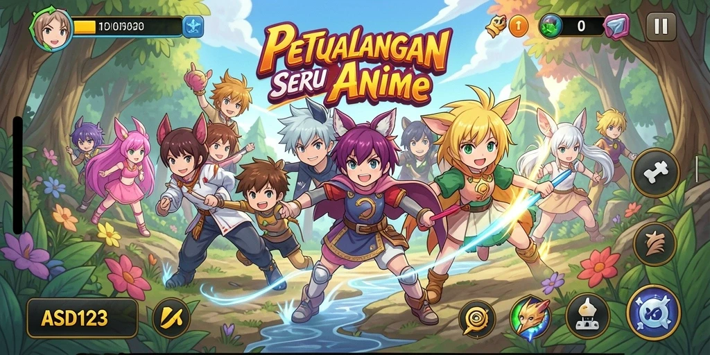 Tangkapan layar utama ASD123 menampilkan aksi seru dalam dunia anime.