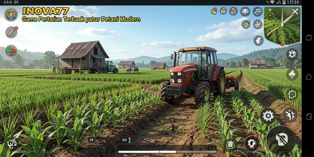 Screenshot gameplay INOVA77 menampilkan petani sedang merawat tanaman dengan penuh dedikasi.