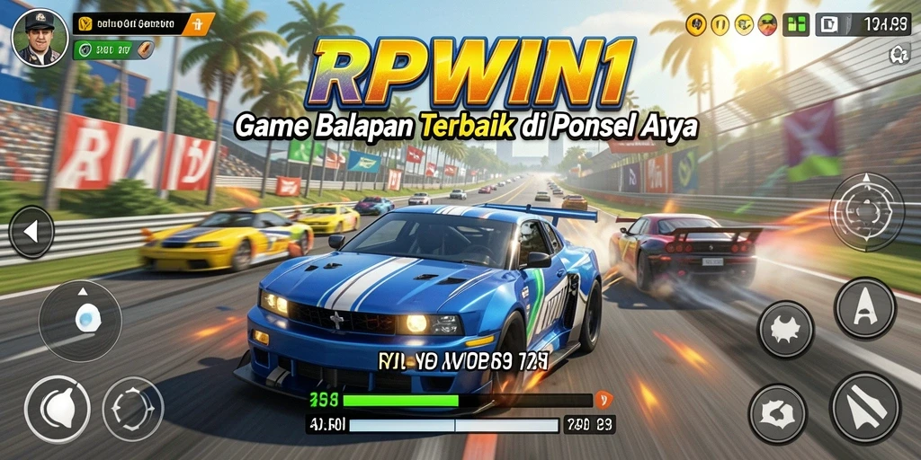 Tampilan gameplay balapan seru dalam RPWIN1, dengan mobil melaju kencang.
