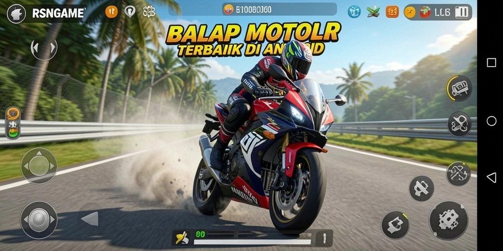 Screenshot gameplay RSNGAME yang menampilkan aksi balapan motor.