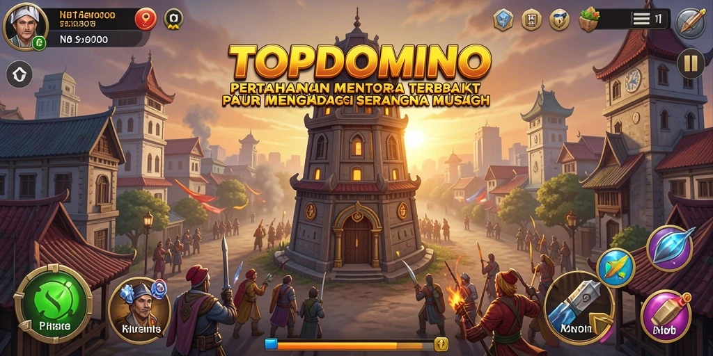 Tampilan gameplay intens dari menara pertahanan di TOPDOMINO.